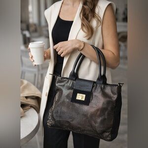Nicoli Italian Leather Metallic Tote Bag Black Gold Hardware Large Work Bag